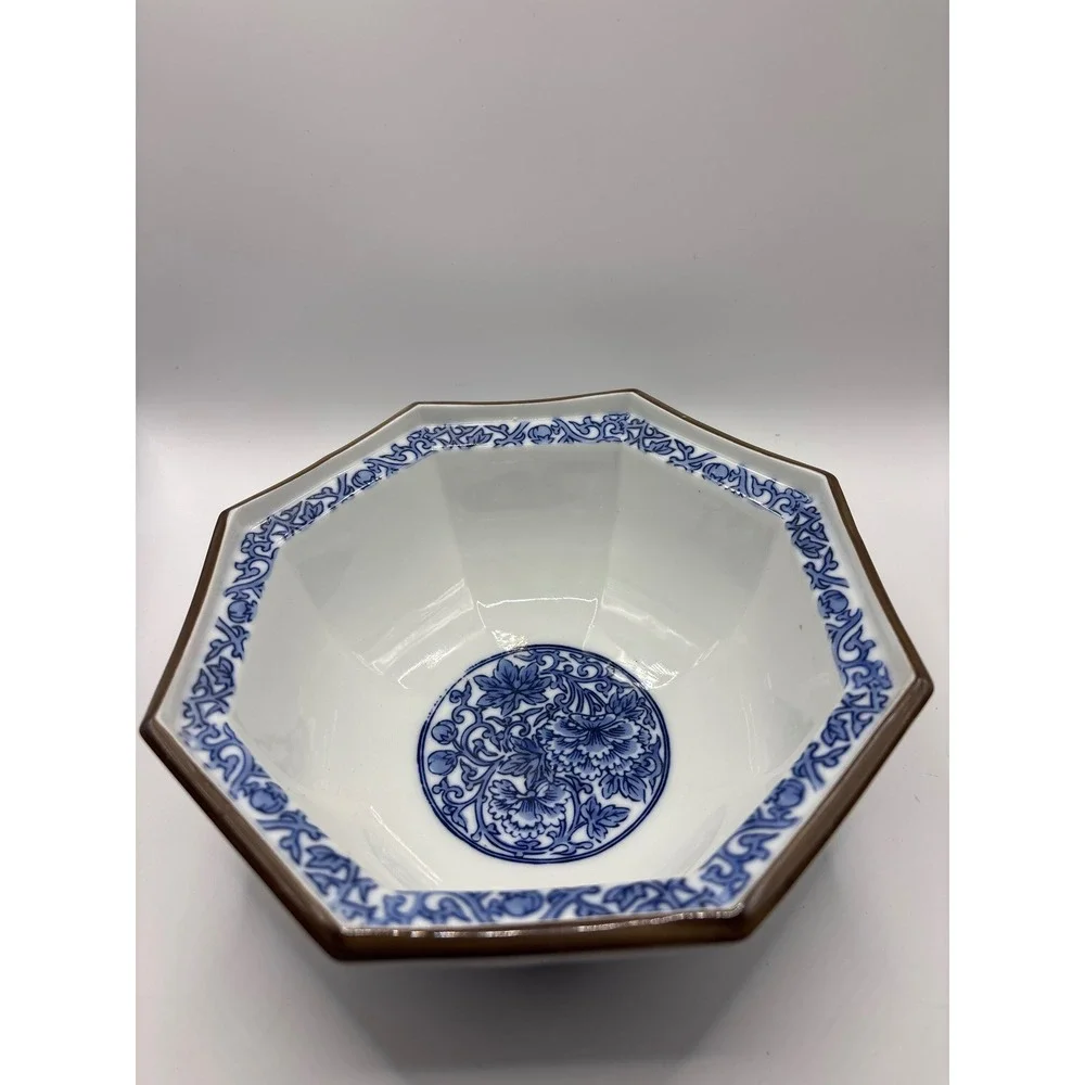 Vintage Japanese Blue and White Octagonal Porcelain Floral Bowl chinoiserie